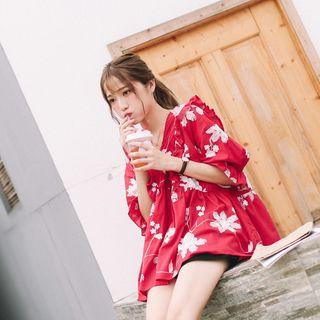 V-neck Embroidered Elbow-sleeve Blouse Red - One Size