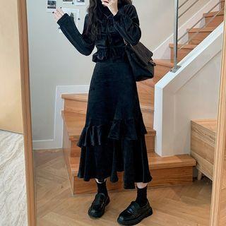 Long-sleeve Velvet Blouse / Slit Midi A-line Skirt