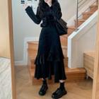 Long-sleeve Velvet Blouse / Slit Midi A-line Skirt