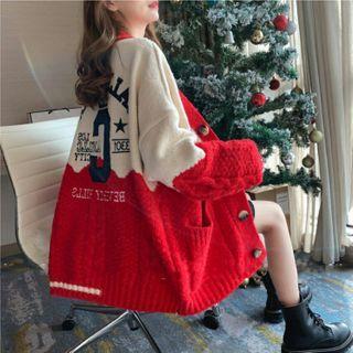 Lettering Cable Knit Cardigan