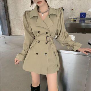 Plain Double-breasted Trench Jacket Light Khaki - One Size