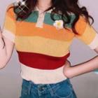 Short-sleeve Striped Ribbed Polo Knit Top Multicolor - One Size