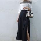 Striped Off-shoulder 3/4-sleeve Top / Side-slit Midi A-line Skirt
