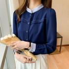 Long-sleeve Button-up Stand Collar Blouse