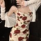 Spaghetti Strap Rose Printed Slit Dress / Long-sleeve Sheer Cardigan