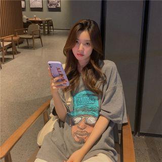 Retro Print Wide Medium Long Short-sleeve Top