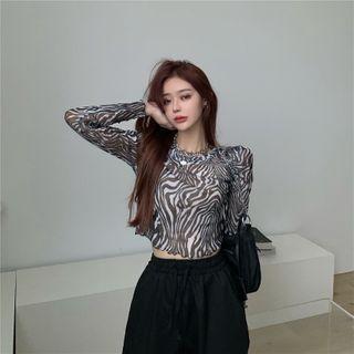 Long-sleeve Zebra Print Crop Top As Shown In Figure - One Size
