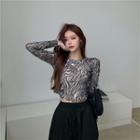 Long-sleeve Zebra Print Crop Top As Shown In Figure - One Size