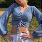 Puff Sleeve V-neck Drawstring Cropped Top