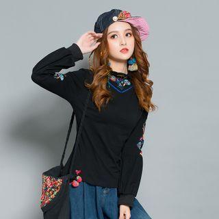 Long-sleeve Floral Embroidered Mock-neck Top