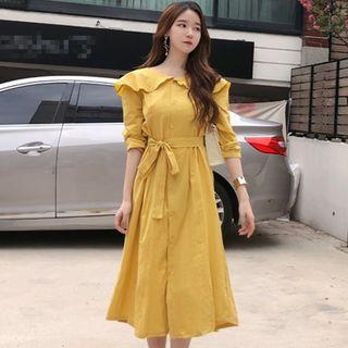 Elbow-sleeve Midi A-line Dress Yellow - One Size