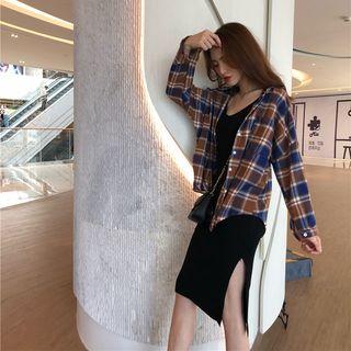Plaid Shirt / Spaghetti Strap Bodycon Knit Dress