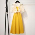 Set: Elbow-sleeve Dotted Blouse + Spaghetti-strap A-line Dress