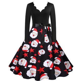 Santa Print Panel Long-sleeve A-line Dress