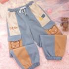 Bear Embroidered Color Block Loose Fit Pants