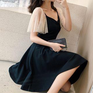 Short-sleeve Beaded Mesh Paneled A-line Dress
