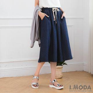 Drawstring-waist Denim Midi Skirt