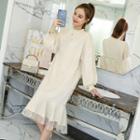 Puff-sleeve Ruffle Hem Midi Lace Dress