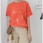 Printed Short Sleeve T-shirt Tangerine Red - One Size