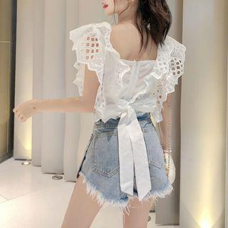 Eyelet Lace Ruffle Sleeveless Blouse / Fringed Hem Denim Shorts