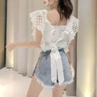 Eyelet Lace Ruffle Sleeveless Blouse / Fringed Hem Denim Shorts