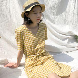 V-neck Short-sleeve Gingham A-line Dress