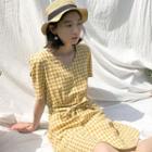 V-neck Short-sleeve Gingham A-line Dress