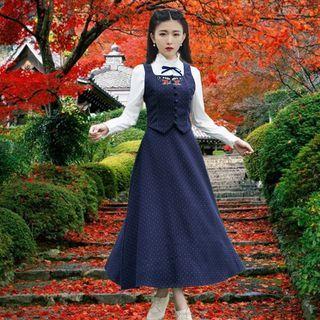 Long-sleeve Blouse / Embroidered Vest / Maxi A-line Skirt / Set