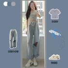 Set: Short-sleeve Buttoned Crop Top + Distressed Straight-fit Jeans