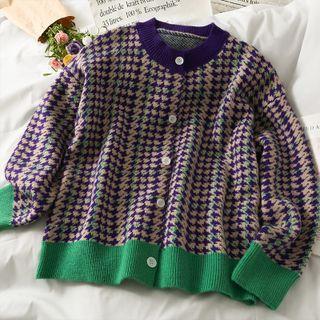 Houndstooth Loose-fit Cardigan Purple - One Size