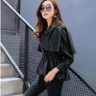 Faux-leather Notched-lapel Buttoned Jacket