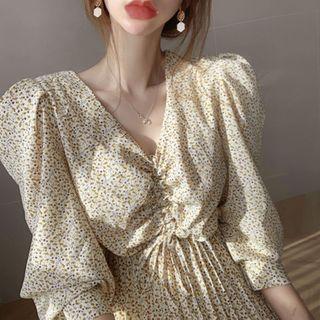 Puff-sleeve Floral Pleated Dress