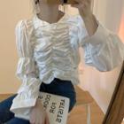 Shirred V-neck Long-sleeve Slim-fit Blouse