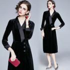 Long-sleeve Velvet V-neck Midi Dress