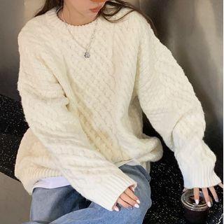 Round Neck Plain Cable Knit Loose Fit Sweater White - One Size