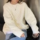 Round Neck Plain Cable Knit Loose Fit Sweater White - One Size