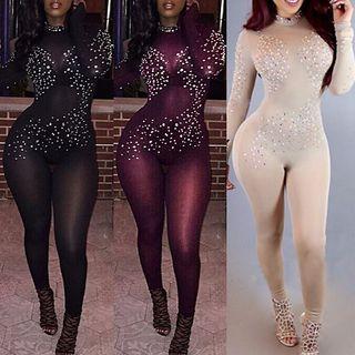 Rhinestone Long Sleeve Mesh Jumpsuit