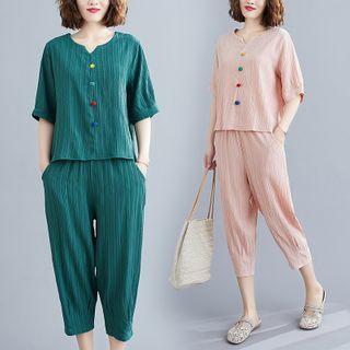 Set: Short-sleeve Ribbed Blouse + Harem Pants