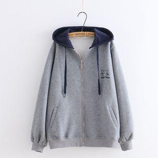 Cat Embroidery Hooded Zip Jacket