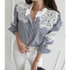 Crochet-trim Stripe Shirt Navy Blue - One Size