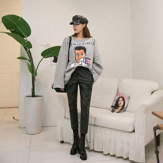 Fleece Lined Faux-leather Jogger Pants Black - One Size