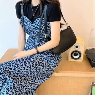 Buckled-strap Leopard Print A-line Midi Pinafore Dress As Shown In Figure - One Size