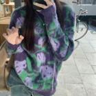 Flower Print Mohair Sweater Purple - One Size