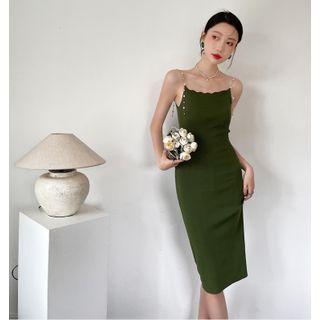 Spaghetti-strap Faux Pearl Knit Sheath Dress