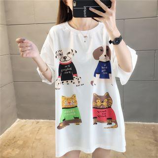 Elbow-sleeve Cartoon Print Mini T-shirt Dress