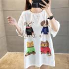 Elbow-sleeve Cartoon Print Mini T-shirt Dress