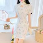 Short-sleeve Stand Collar Floral Sheath Dress