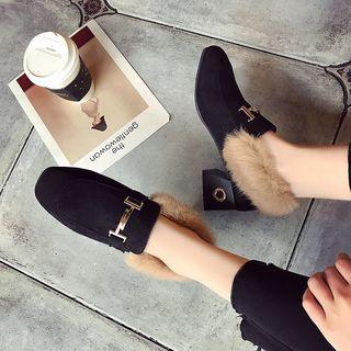 Fluffy Trim Block Heel Pumps