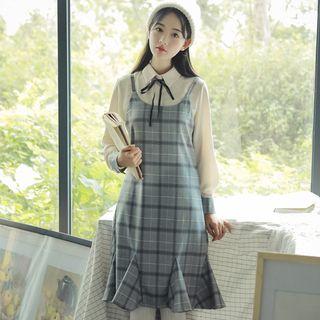 Set: Bow Accent Plaid Panel Chiffon Shirt + Plaid Midi Pinafore Dress