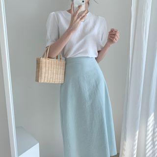 Puff-sleeve Tie Back Plain Blouse / High-waist Plain Skirt